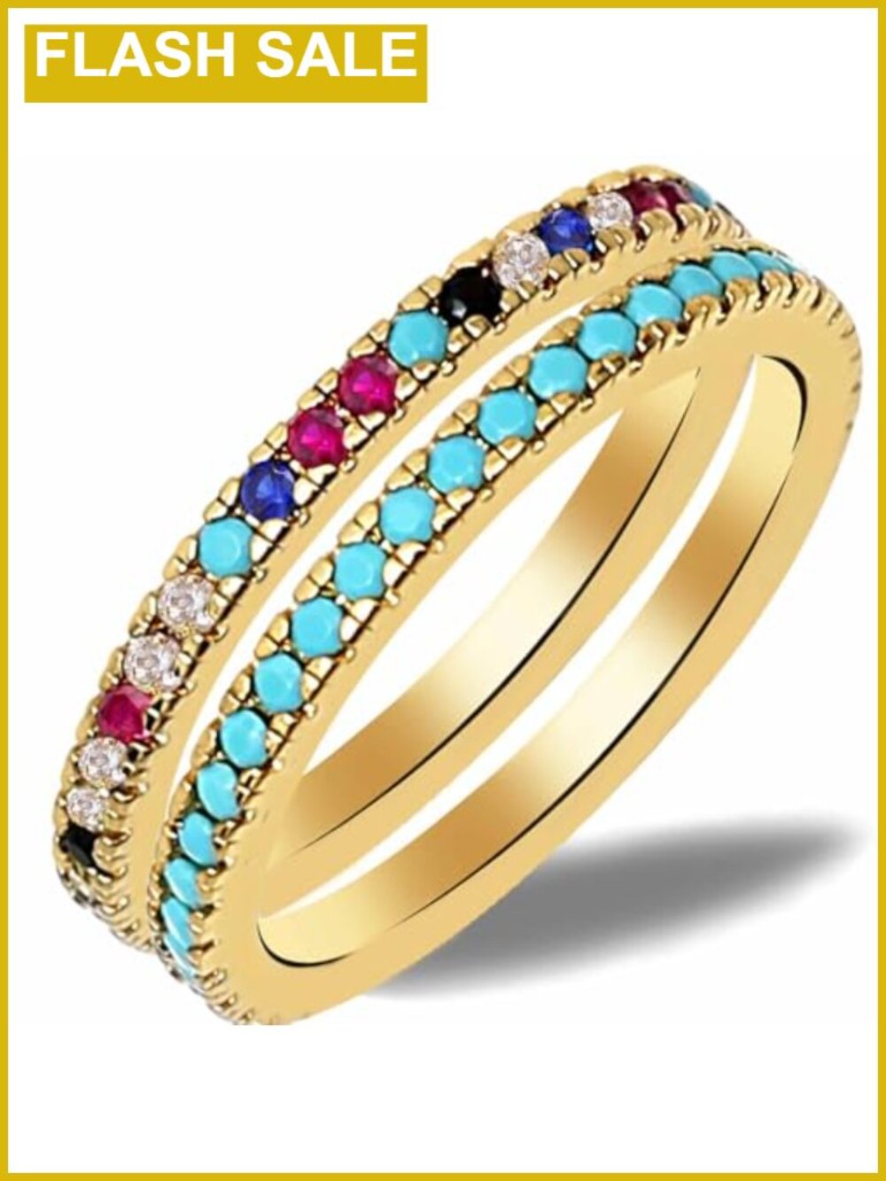 14k Gold Plated Multicolor CZ Stacking Rings Set of 2 Non Tarnish for Women